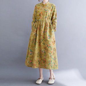 Cotton Linen Drawstring Dress Large Size Long Sleeves Disc Button Swing Skirt